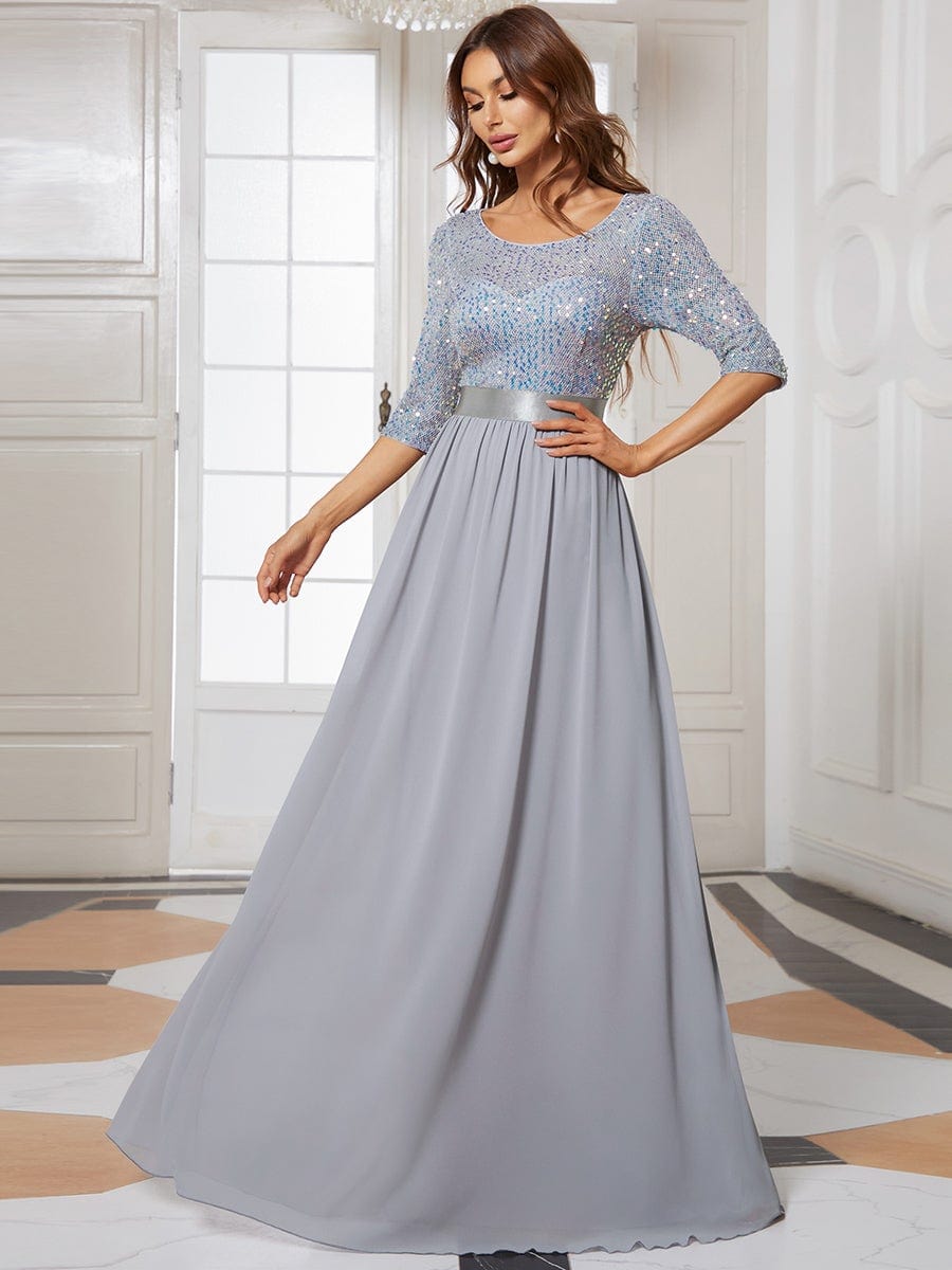 Weitese Elegant Round Neckline Long Sleeves Sequin Evening Dress