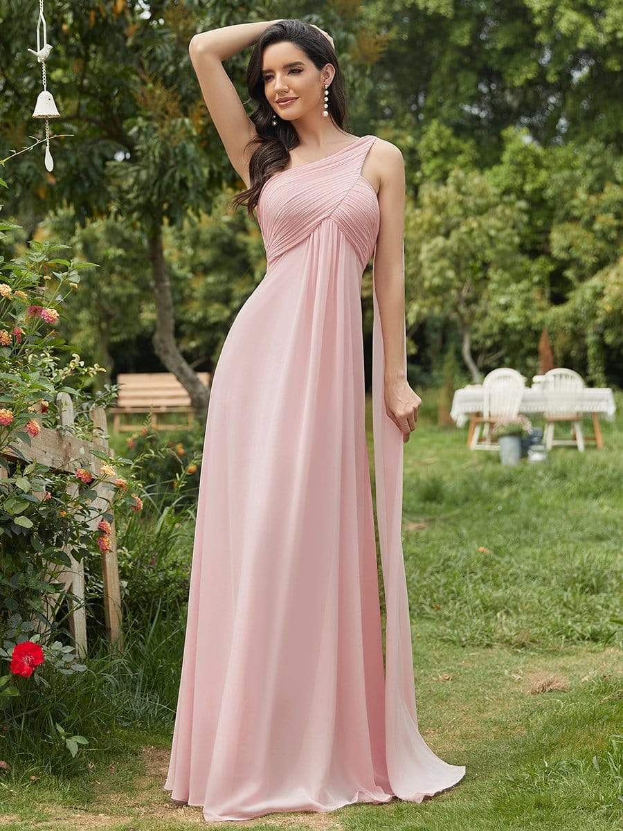 Weitese Pleated One Shoulder Long Chiffon Formal Evening Dress