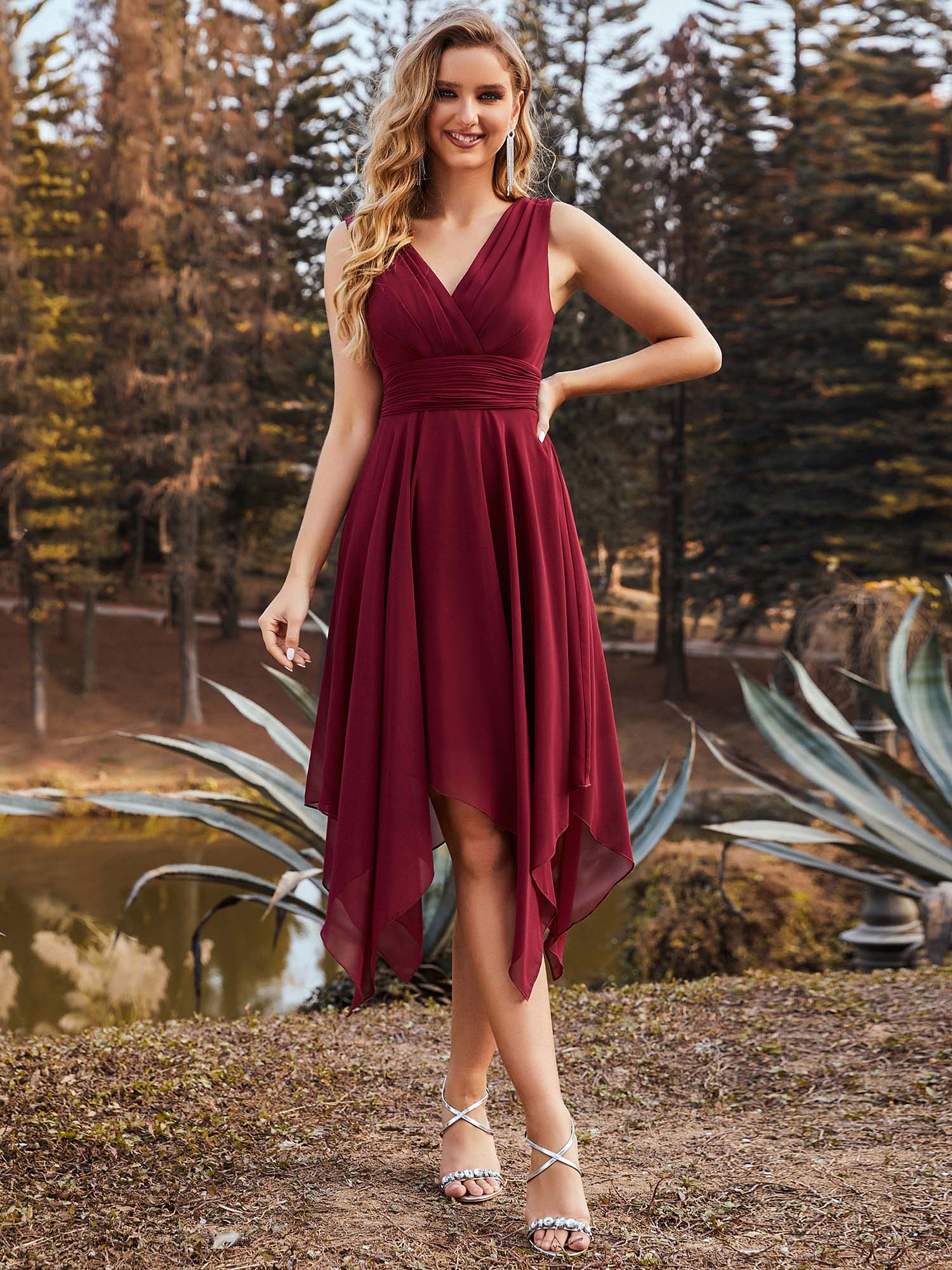 Weitese Chiffon Double V-Neck A Line Bridesmaid Dress with Asymmetrical Hem