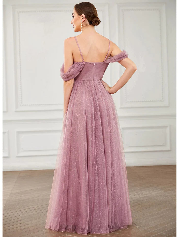Weitese Draped Sleeve Spaghetti Strap A-Line Tulle Bridesmaid Dress