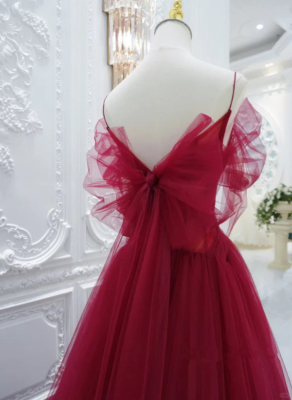 Wine Red Tulle V-neckline Long Party Dress