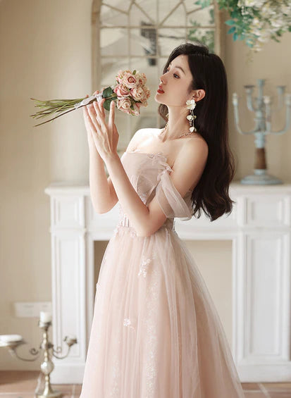 Pink Off Shoulder Tulle Long Formal Dress