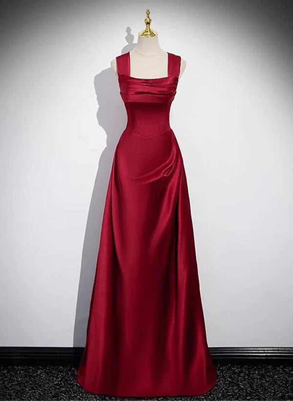 Wine Red Straps Satin Scoop Floor Length Prom Dress