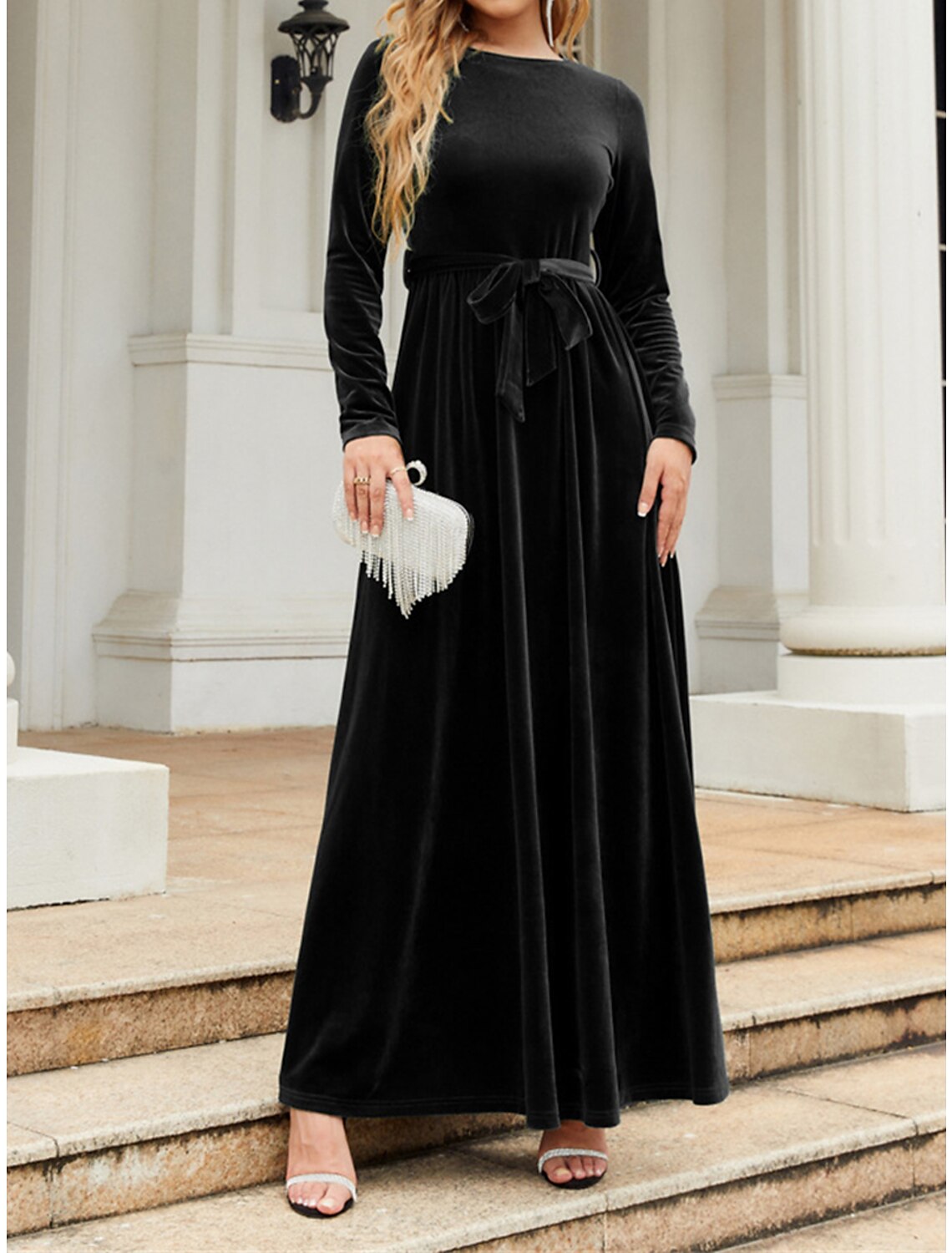 Robe noire en velours pour femme, robe de bal, robe longue, robe longue, noir, vin, bleu, manches longues, couleur unie, lacets, automne-hiver, col ras du cou, mode hiver, robe de Noël, mariage, invité