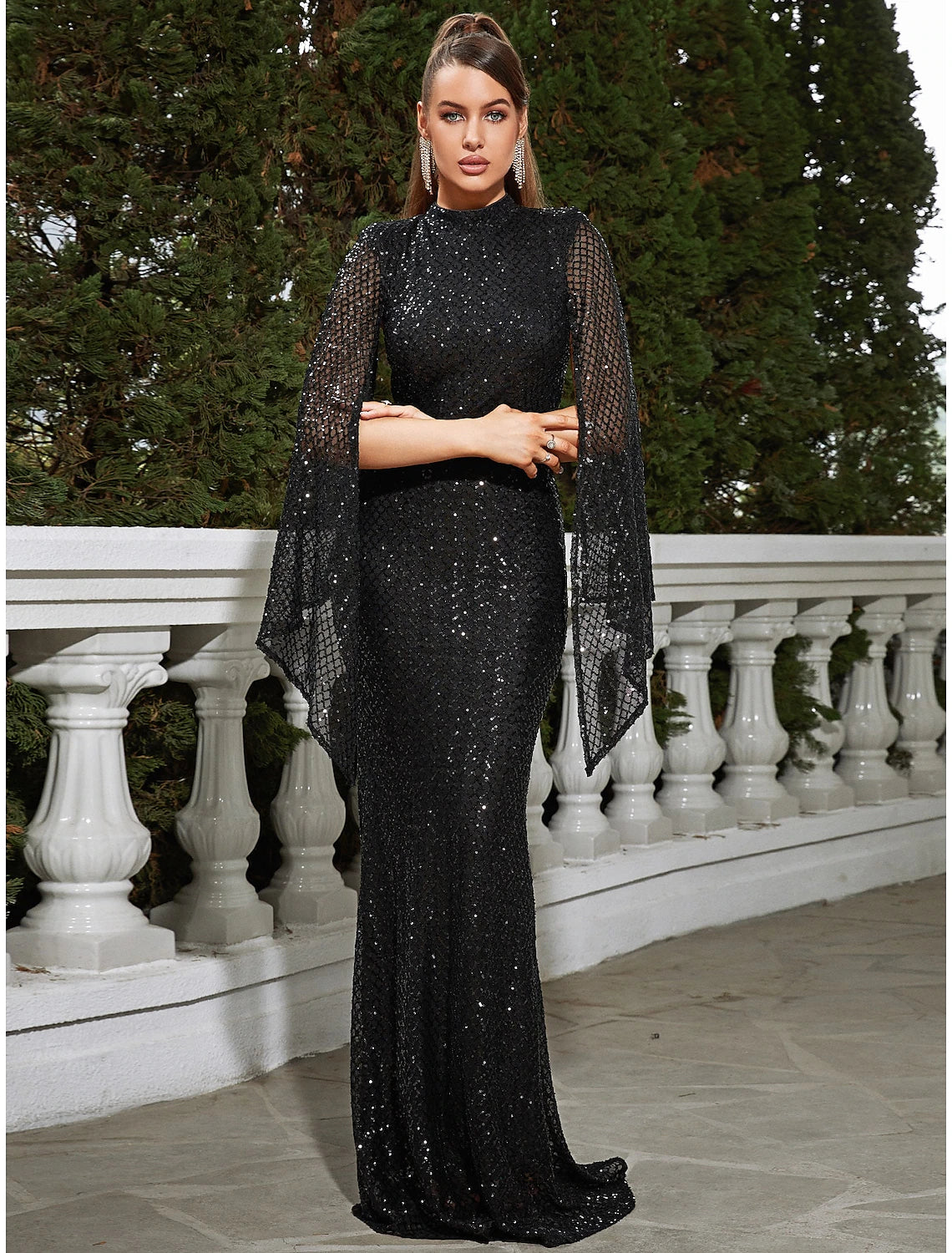 Weitese Mermaid / Trumpet Evening Gown Sparkle & Shine Dress Formal Wedding Guest Floor Length Sleeveless High Neck Sequined with Glitter Pleats