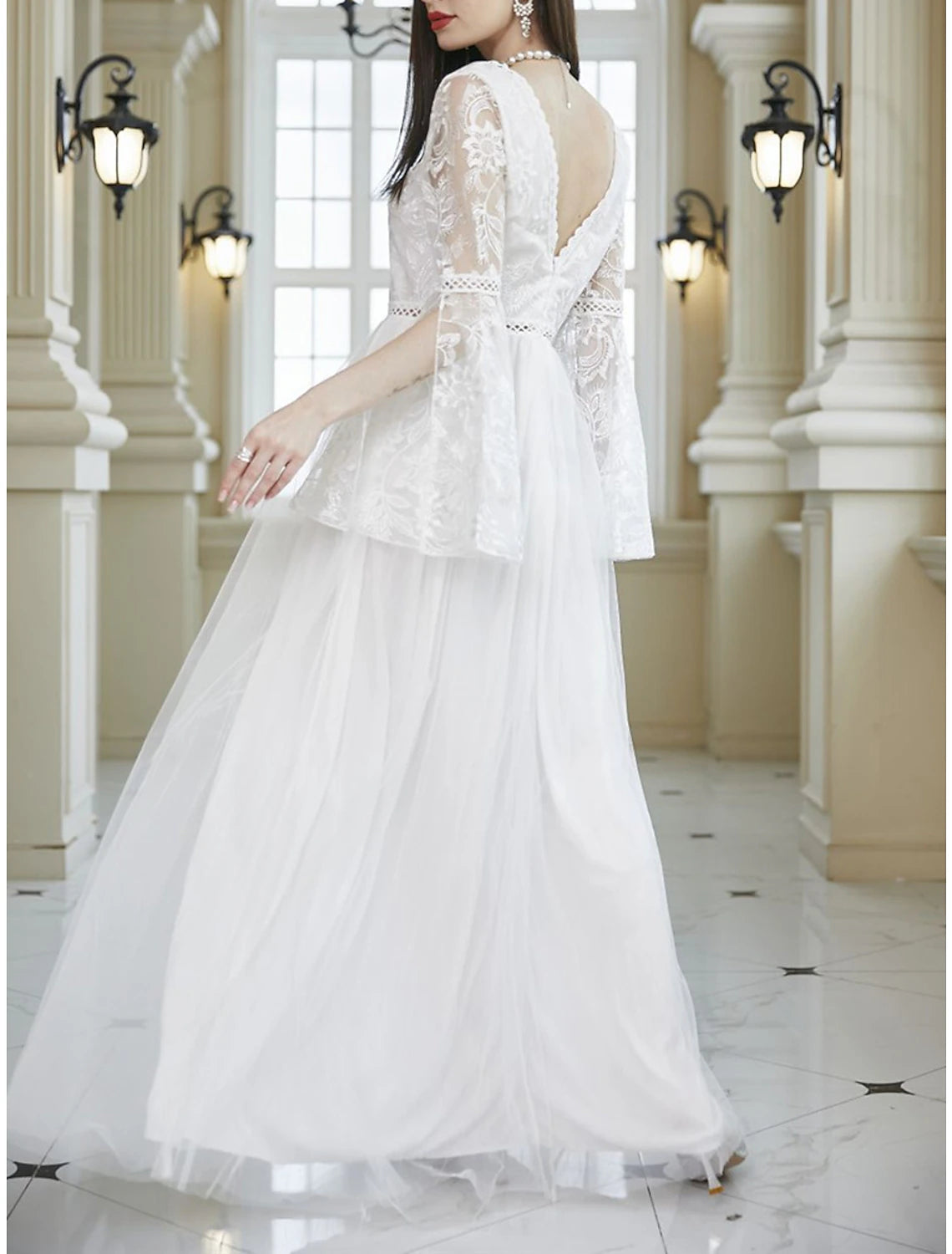 Weitese Women's Prom Dress Party Dress Lace Dress Long Dress Maxi Dress White Long Sleeve Pure Color Lace Summer Spring Fall V Neck Party Evening Party Wedding Guest Summer Dress