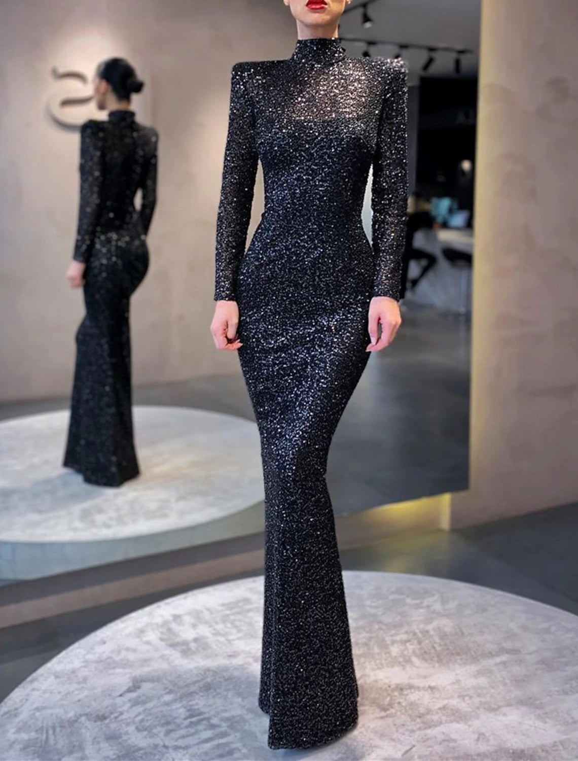Weitese Mermaid / Trumpet Evening Gown Elegant Dress Formal Cocktail Party Floor Length Long Sleeve High Neck Sequined with Sequi