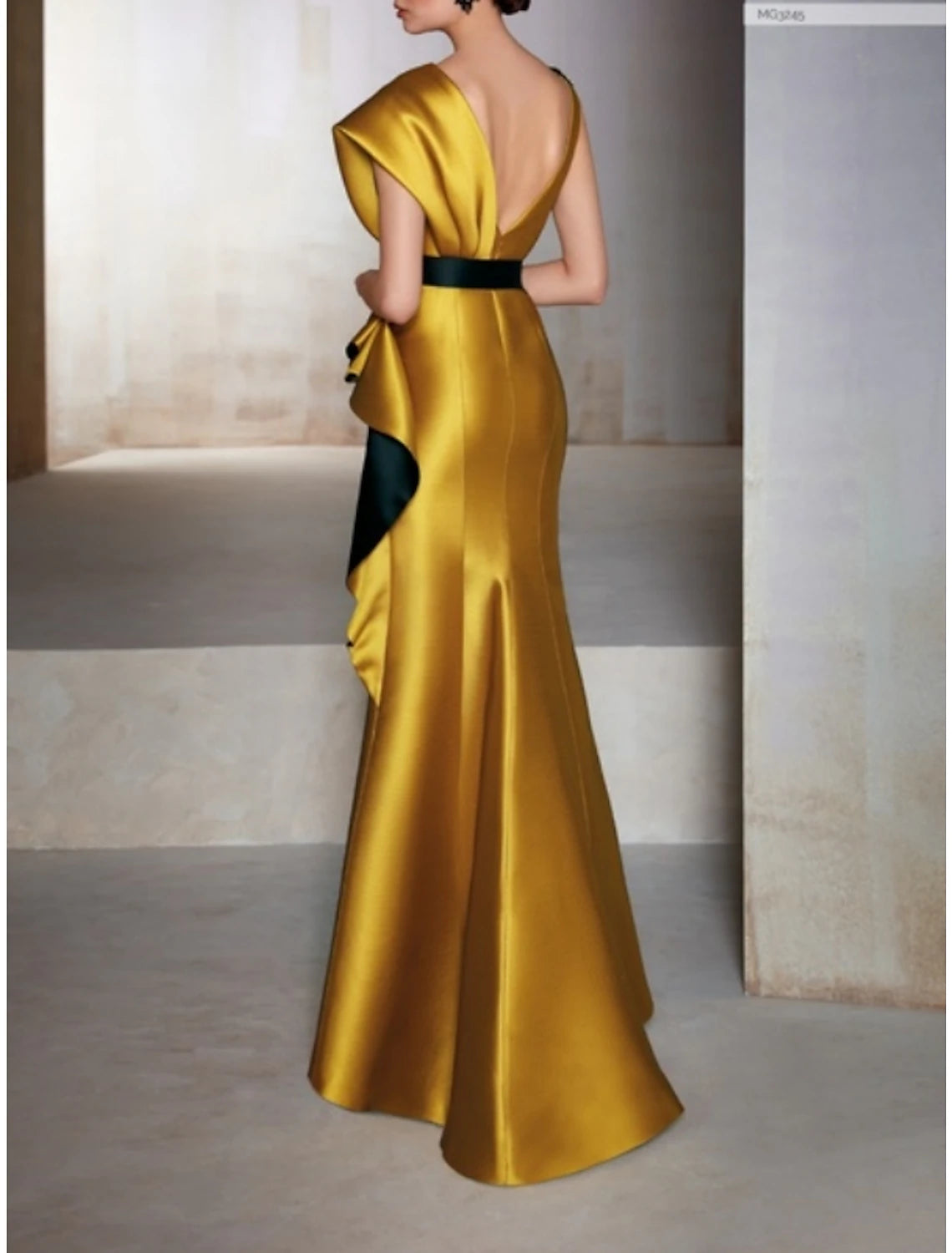 Weitese Sheath / Column Evening Gown Elegant Dress Formal Wedding Guest Floor Length Short Sleeve V Neck Satin with Ruffles Embroidery Appliques