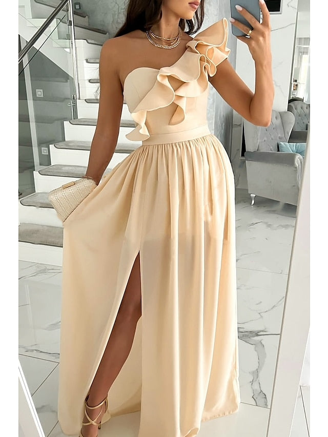 Vestidos de fiesta Vestido swing Vestido largo Vestido maxi Vino rojo Verde Sin mangas Color puro Patchwork Verano Primavera Hombros descubiertos Elegante Invitada de boda