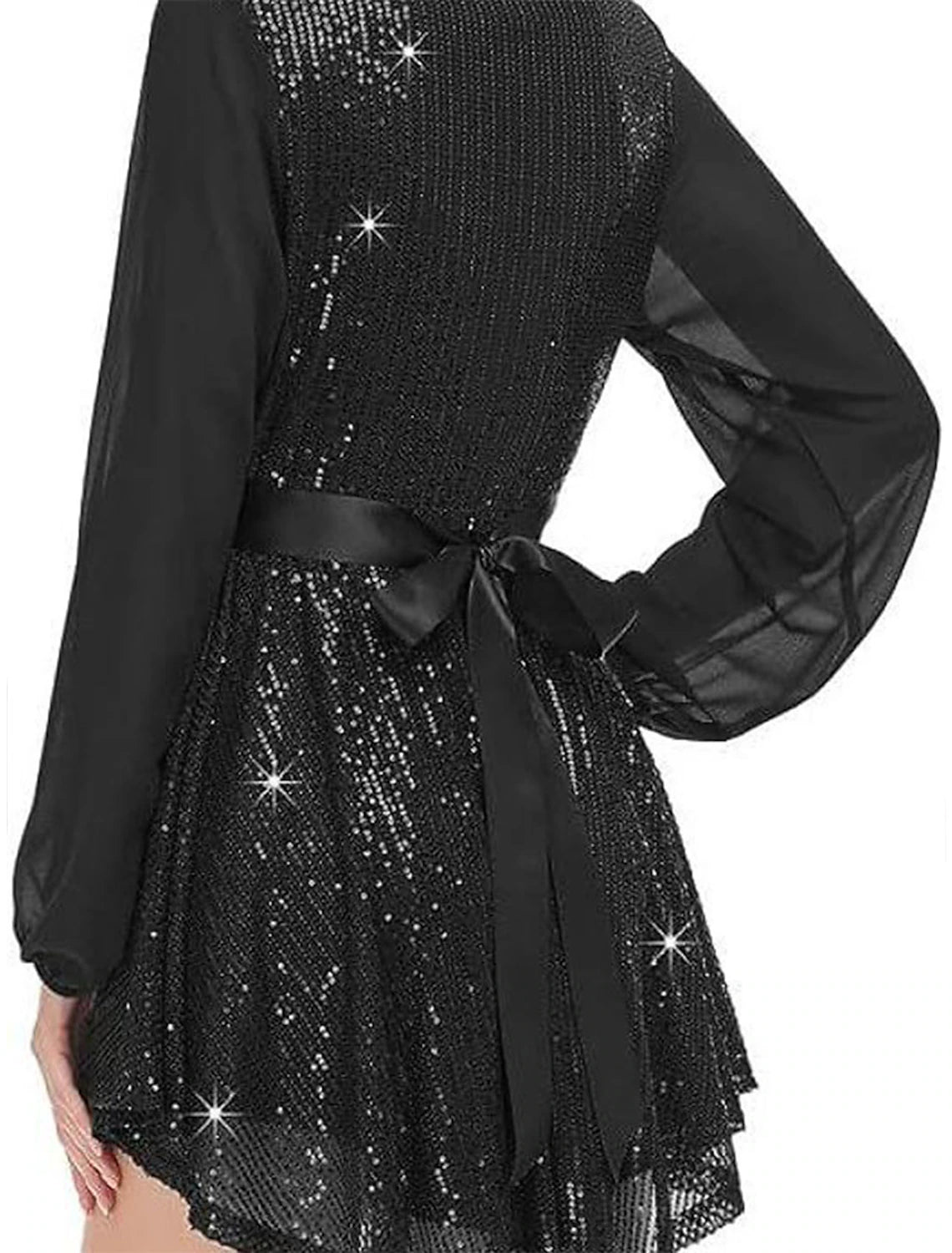 Weitese Women's Black Dress Sequin Dress Party Dress Mini Dress Black White Long Sleeve Pure Color Sequins Spring Fall Winter V Neck Fashion Winter Dress Wedding Guest Evening Party
