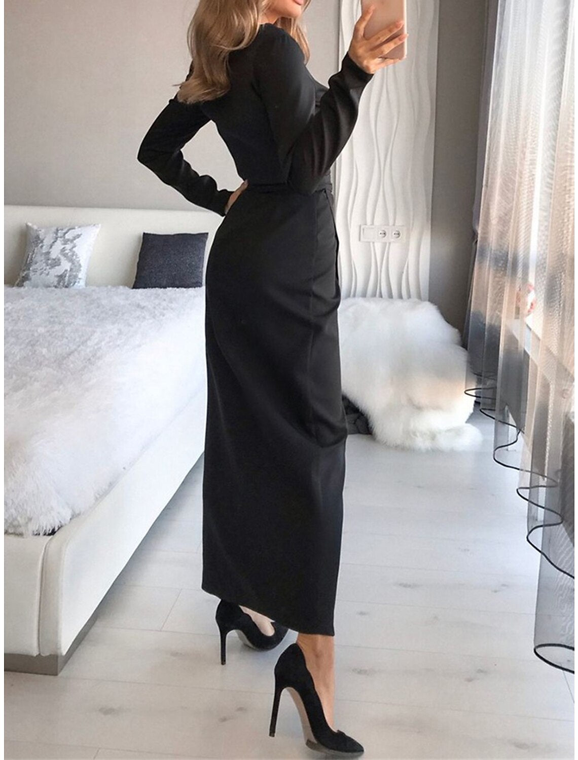 Women's Party Dress Wedding Guest Dress Sheath Dress Long Dress Maxi Dress Black White Khaki Long Sleeve Pure Color Lace up Fall Winter Autumn V Neck Fashion Winter Dress Wedding Guest Birthday