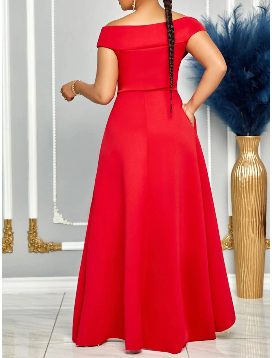 Weitese Women's Prom Dress Party Dress Wedding Guest Dress Long Dress Maxi Dress Black White Red Short Sleeve Plain Ruffle Summer Spring Fall V Neck Elegant Wedding Guest Evening Party Vacation
