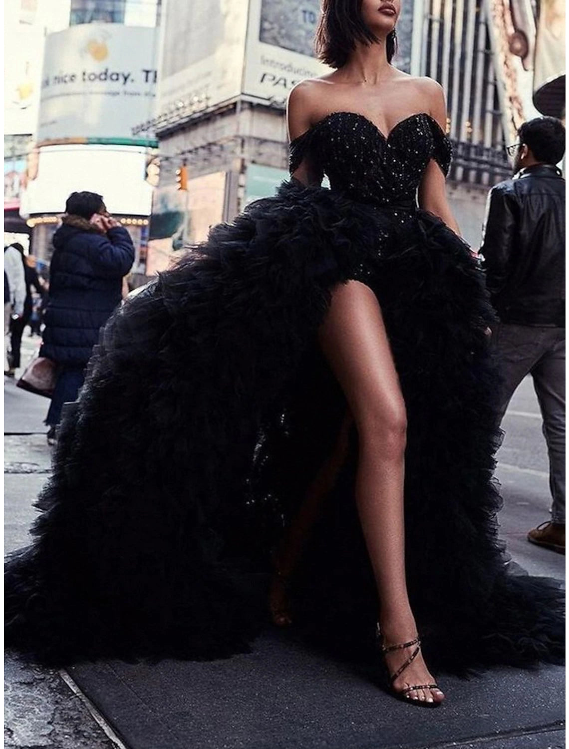Weitese Jumpsuits Evening Gown Sparkle Black Dress Masquerade Quinceanera Court Train Short Sleeve Off Shoulder Detachable Sequined with Overskirt Pure Color