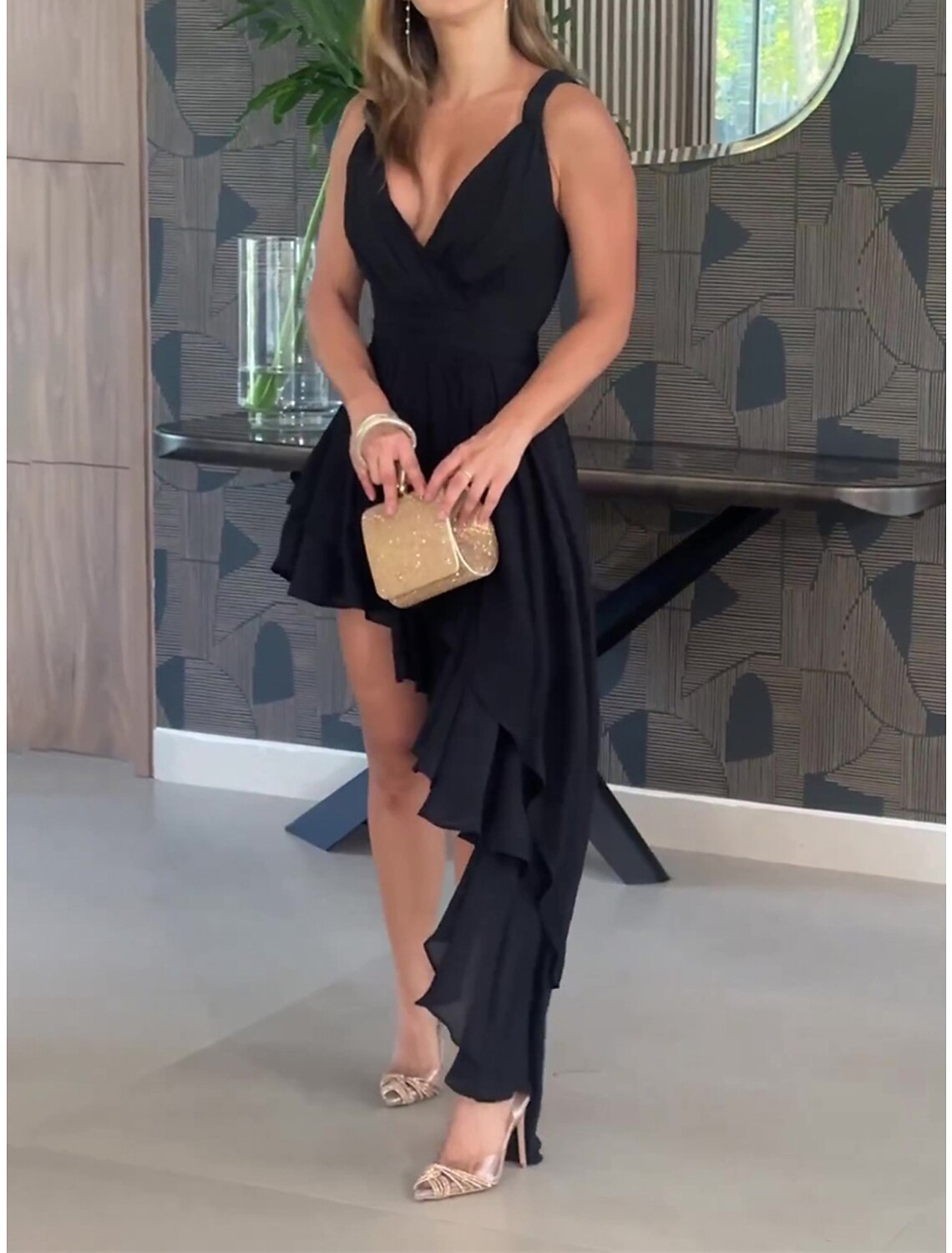 Weitese Women's Little Black Dress Prom Dress Party Dress Wedding Guest Dress Long Dress Maxi Dress Sleeveless Ruffle Spring Deep V Fashion Evening Party Wedding Guest