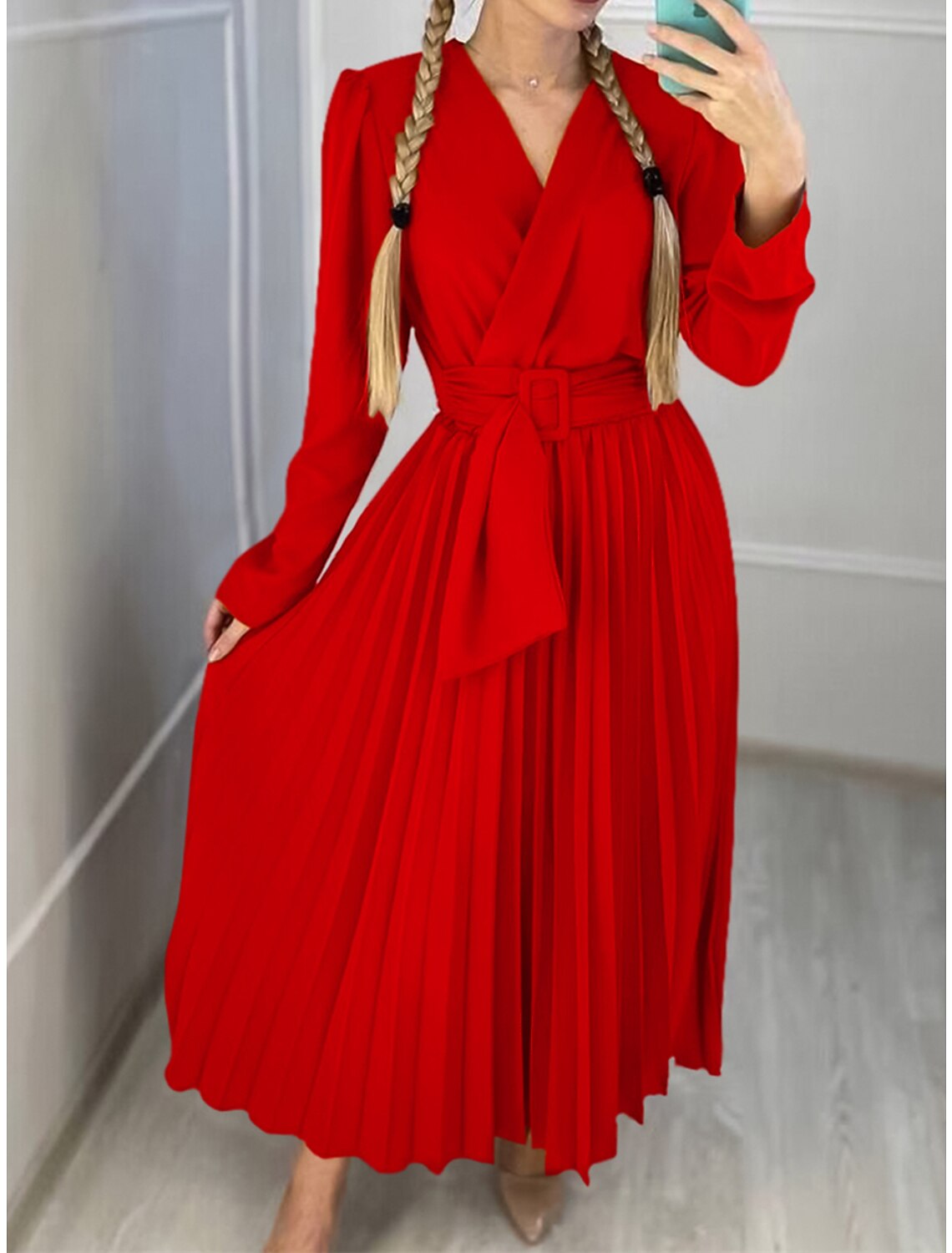 Weitese Women's Prom Dress Party Dress Wedding Guest Dress Long Dress Maxi Dress Black Yellow Pink Long Sleeve Plain Lace up Summer Spring Fall V Neck Elegant Wedding Guest Birthday Evening Party