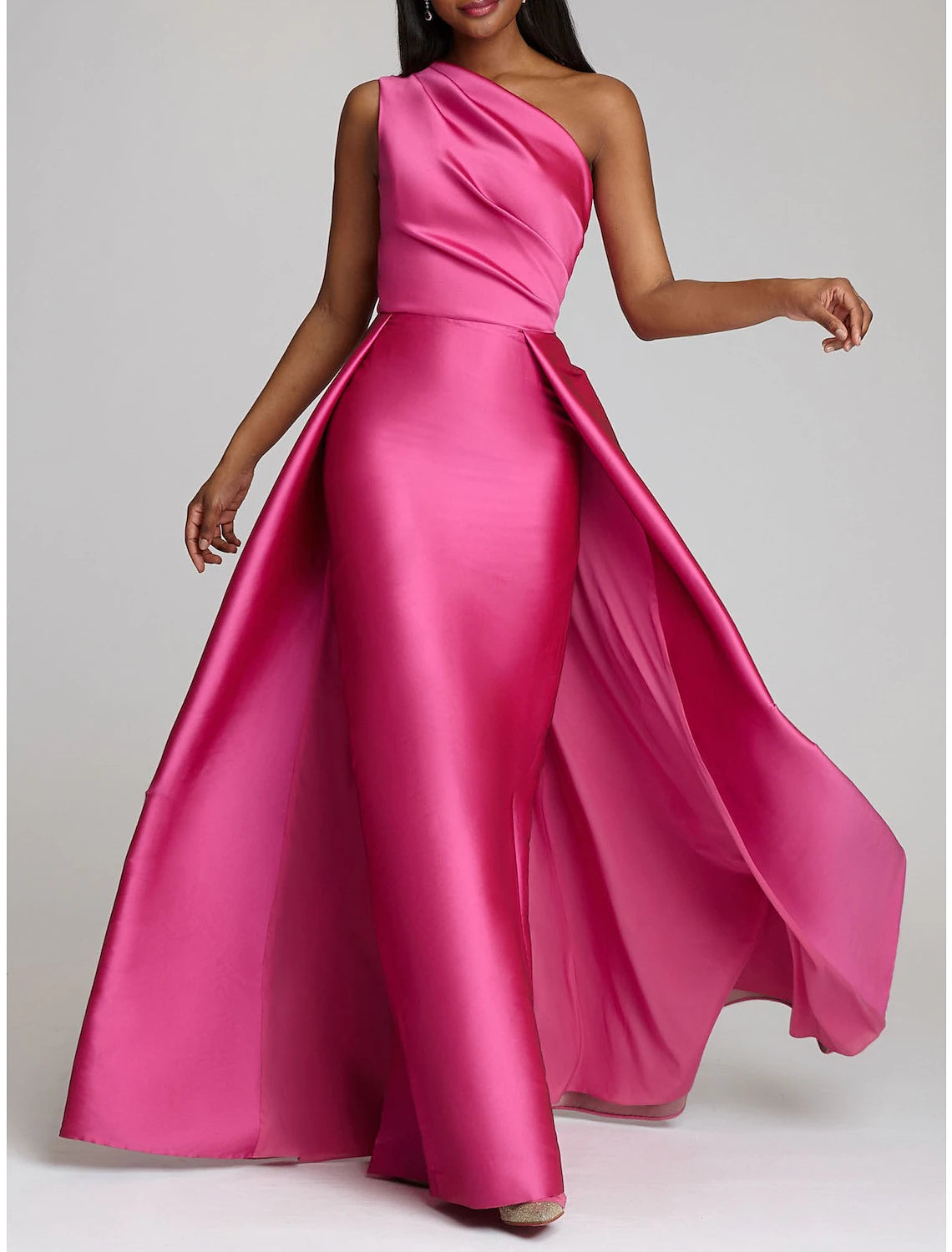 Weitese Sheath Red Green Dress Evening Gown Hot Pink Dress Wedding Guest Floor Length Sleeveless One Shoulder Satin with Overskirt Pure Color