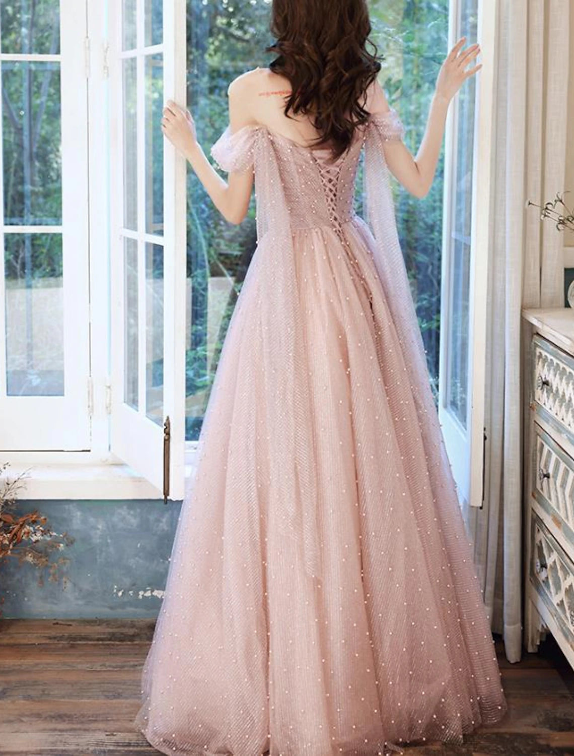 Weitese A-Line Prom Dresses Elegant Dress Wedding Guest Engagement Floor Length Sleeveless Illusion Neck Tulle with Pleats Beading