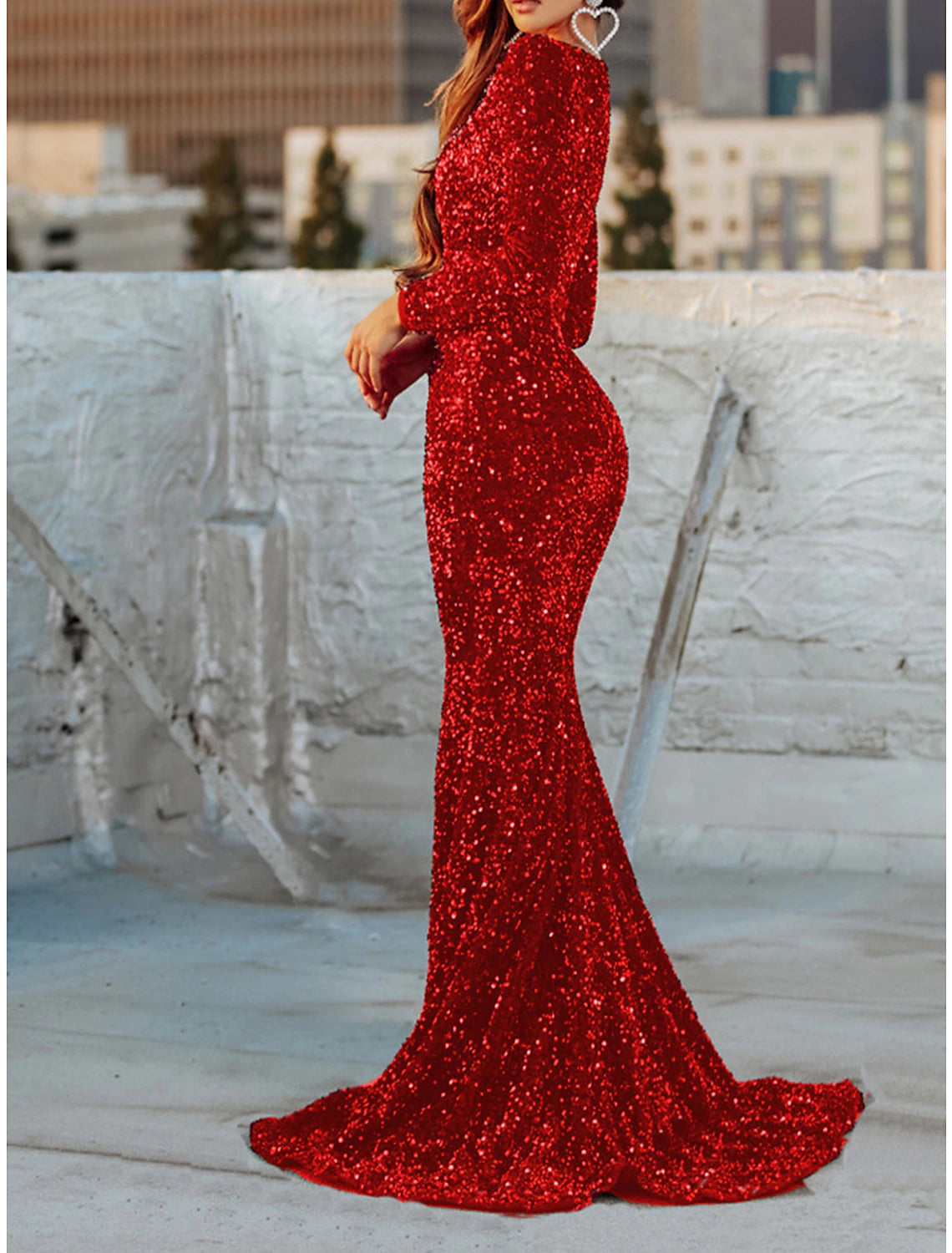 Women's Red Christmas Party Dress New Year's Eve Dress Sparkly Sequin Dress Long Dress Red Long Sleeve Sequins Square Neck Winter Dress