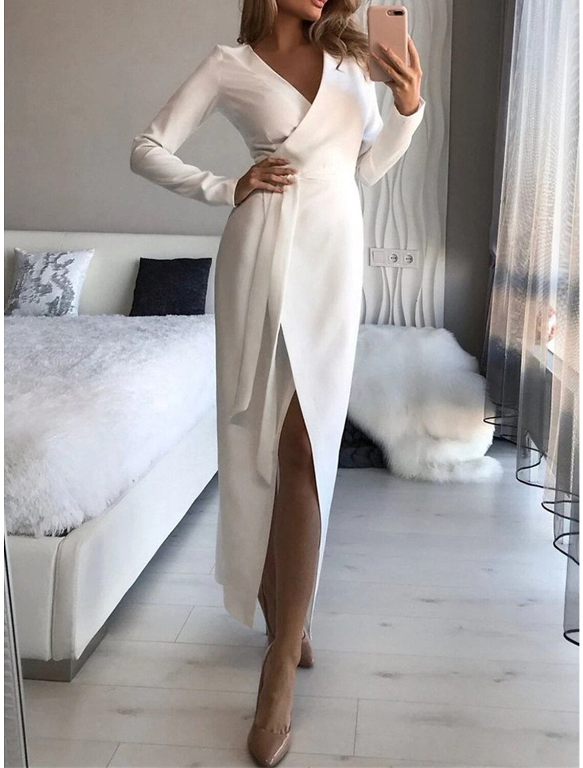 Women's Party Dress Wedding Guest Dress Sheath Dress Long Dress Maxi Dress Black White Khaki Long Sleeve Pure Color Lace up Fall Winter Autumn V Neck Fashion Winter Dress Wedding Guest Birthday