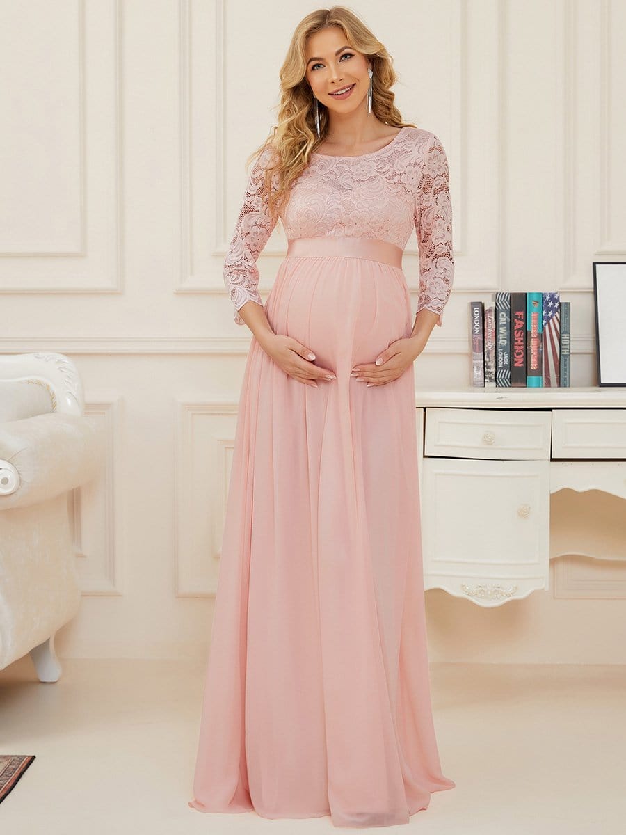 Vestido de maternidad de encaje Weitese con escote en forma de corazón, mangas 3/4 y largo hasta el suelo