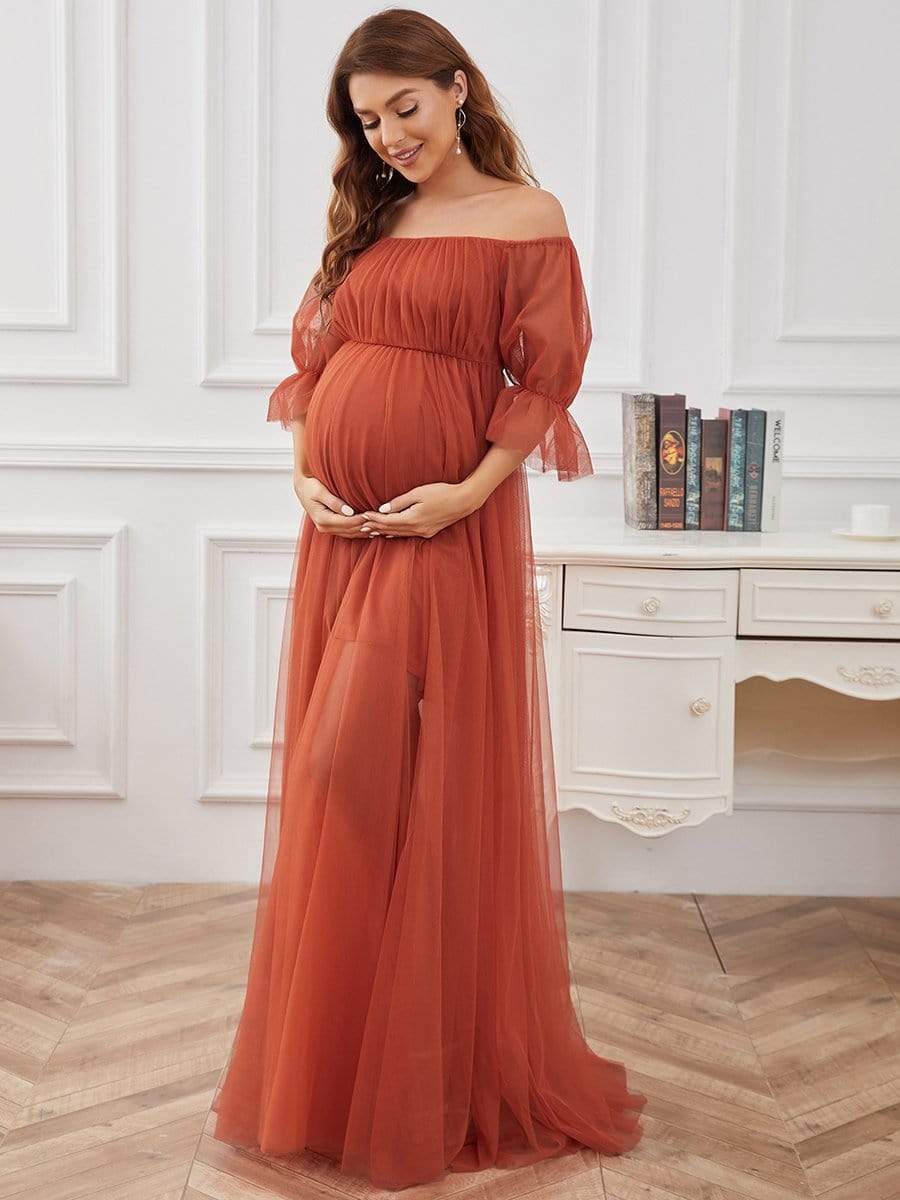 Vestido maxi de maternidad con falda doble y hombros descubiertos de Weitese