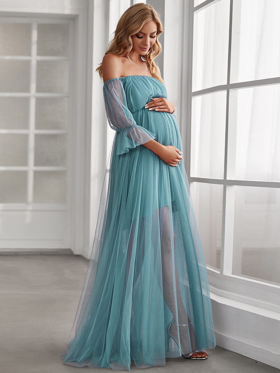 Vestido maxi de maternidad con falda doble y hombros descubiertos de Weitese