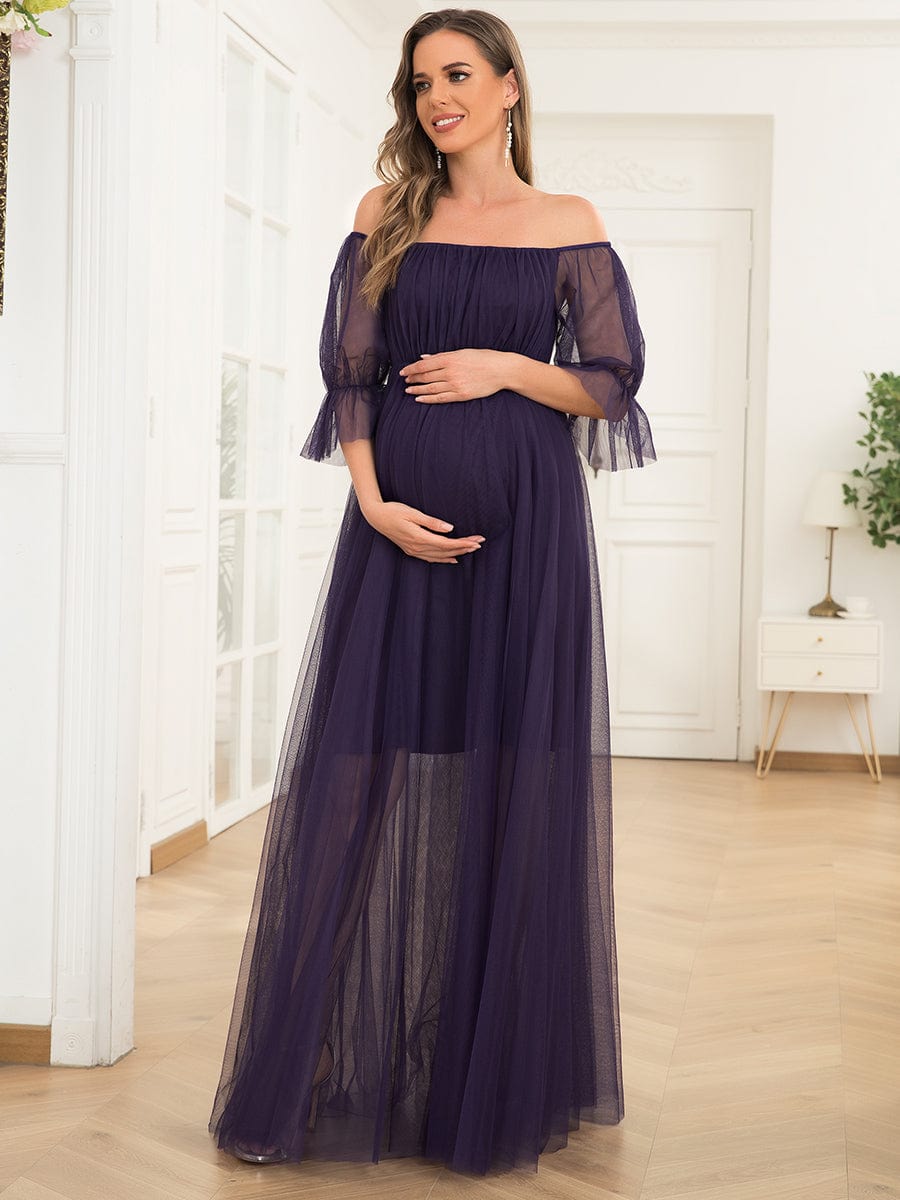 Vestido maxi de maternidad con falda doble y hombros descubiertos de Weitese