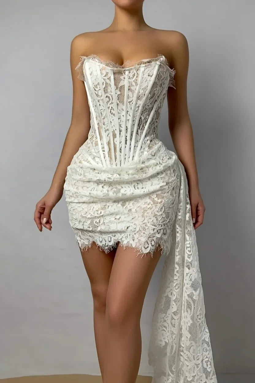 Edgy Sheath Strapless Corset Lace Mini Wedding Dress