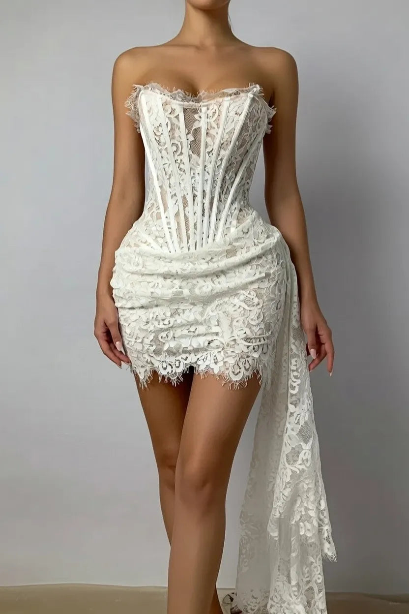 Edgy Sheath Strapless Corset Lace Mini Wedding Dress