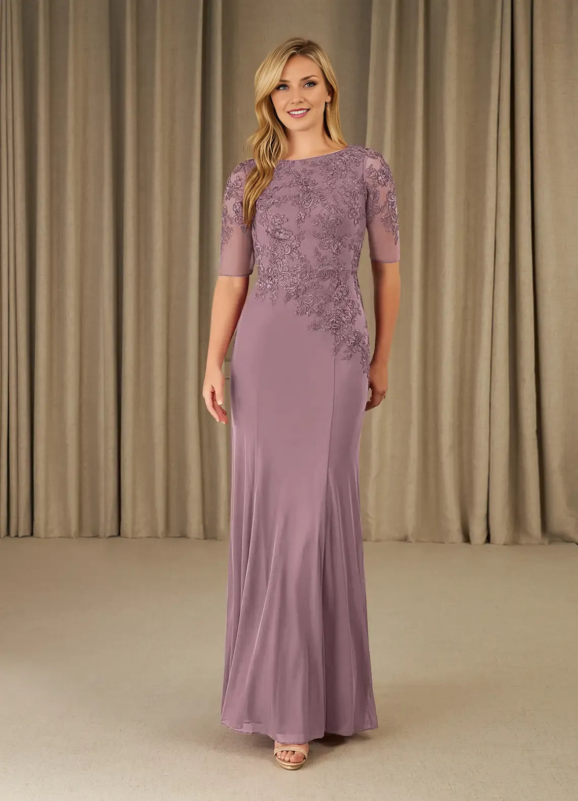 Elegance Mermaid Scoop Neck Short Sleeve Back Zip Floor-Length Mother of the Bride Dress