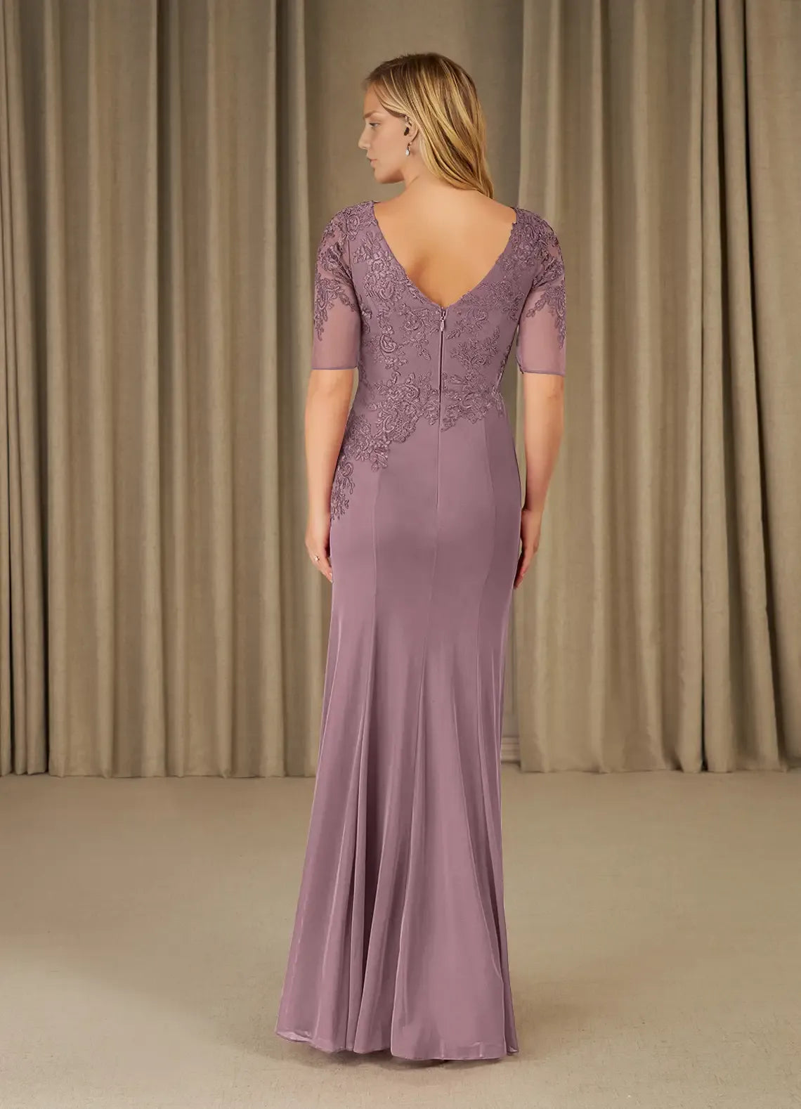 Elegance Mermaid Scoop Neck Short Sleeve Back Zip Floor-Length Mother of the Bride Dress