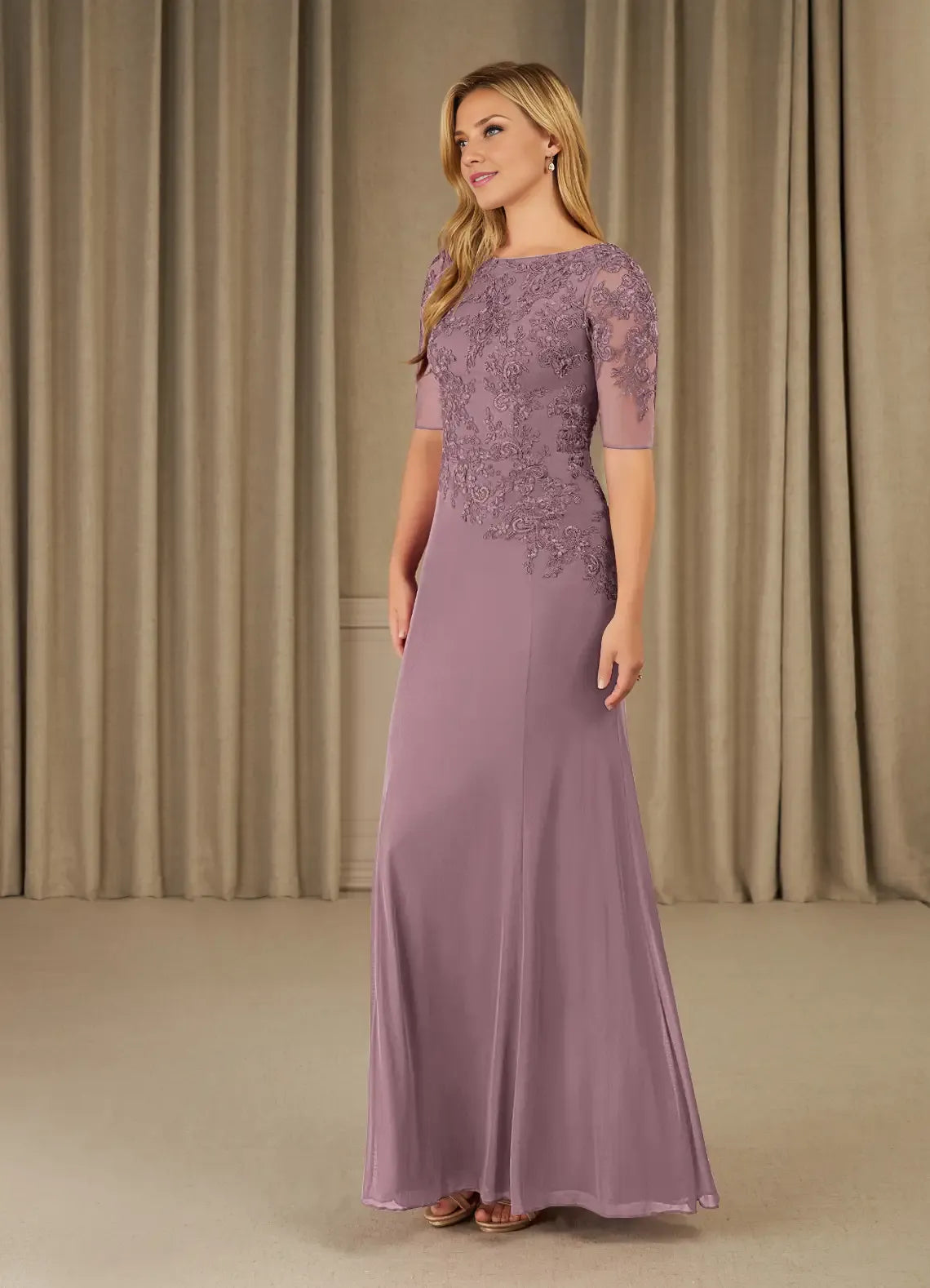 Elegance Mermaid Scoop Neck Short Sleeve Back Zip Floor-Length Mother of the Bride Dress