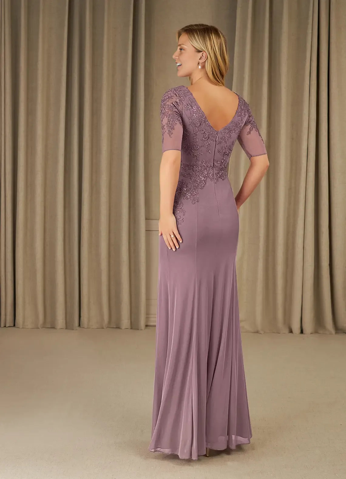 Elegance Mermaid Scoop Neck Short Sleeve Back Zip Floor-Length Mother of the Bride Dress