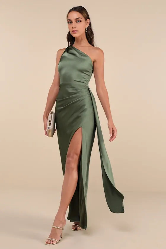 Vestido elegante Weitese de satén verde oliva, largo, de un solo hombro, vestido de noche, tubo, sin mangas, cuello irregular, vestido de fiesta. 