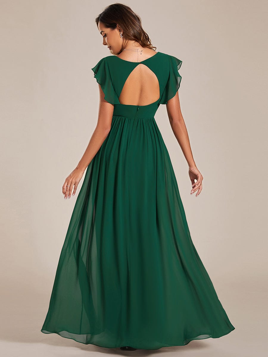 Front view of a dark green A-line chiffon bridesmaid dress featuring pleated details and ruffle sleeves.
