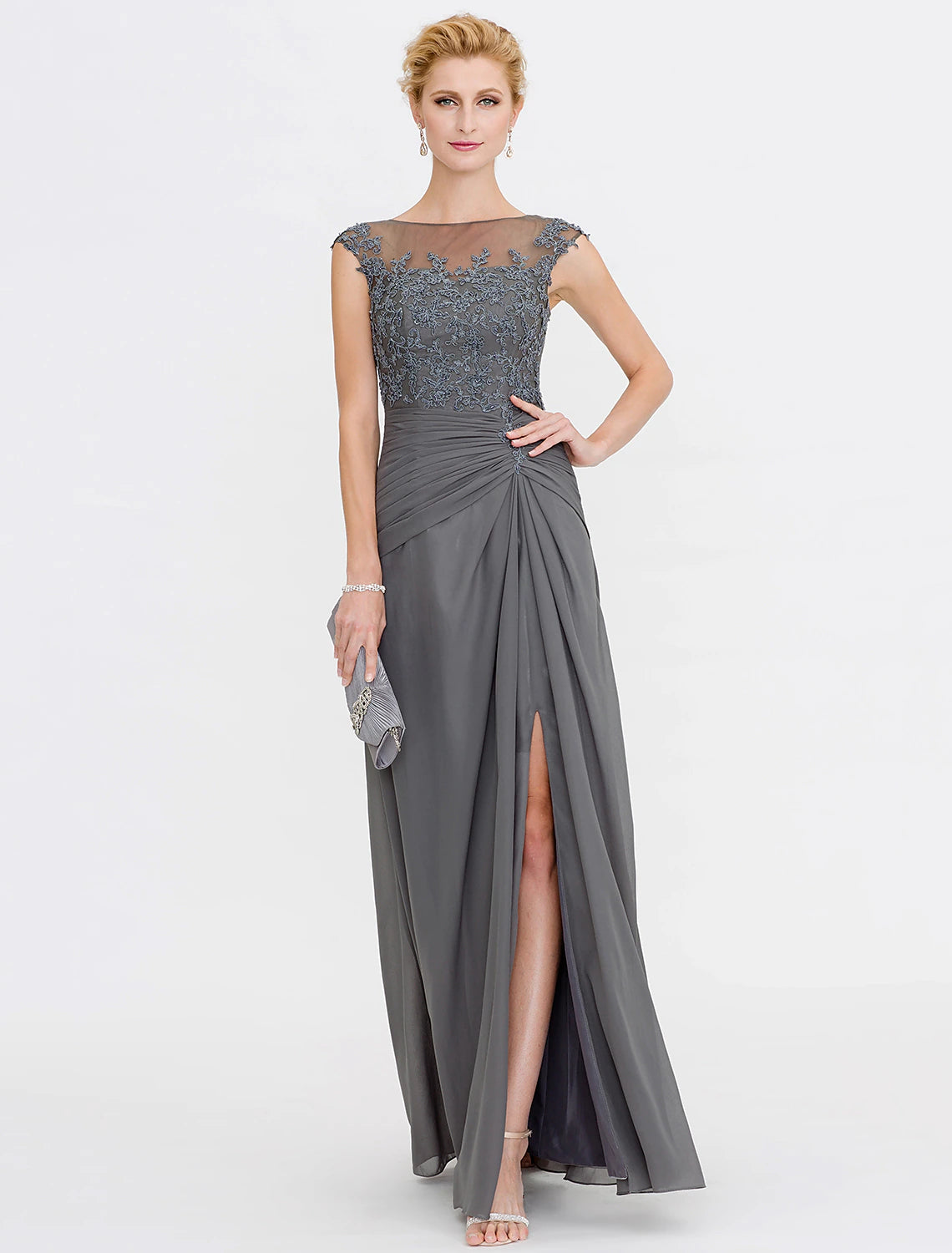 Elegant A-line mother of the bride dress with bateau neck and side draping.