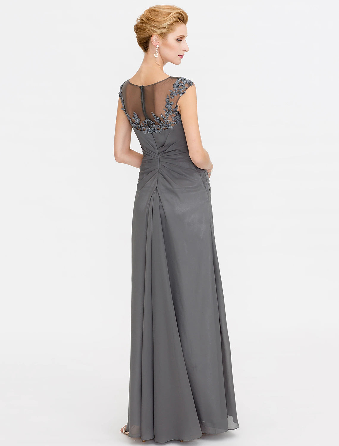 Side view of the floor-length chiffon lace dress for wedding guests.