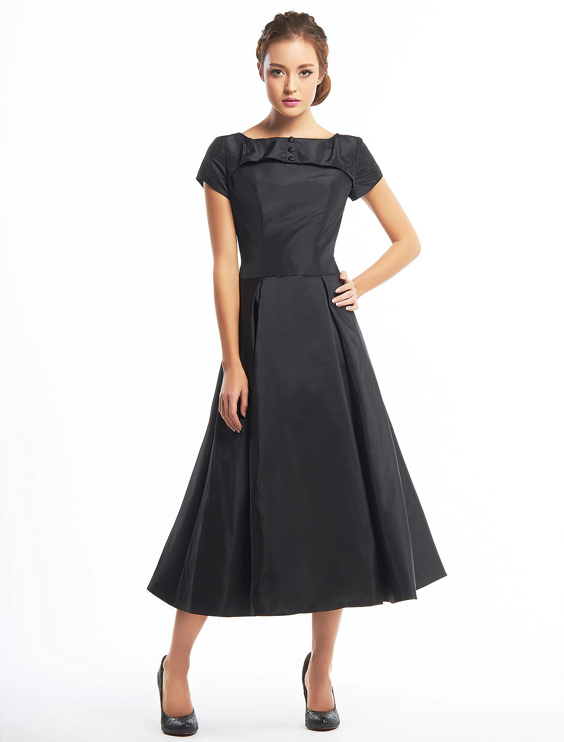 Weitese A-Line black taffeta dress with boat neck and short sleeves.
