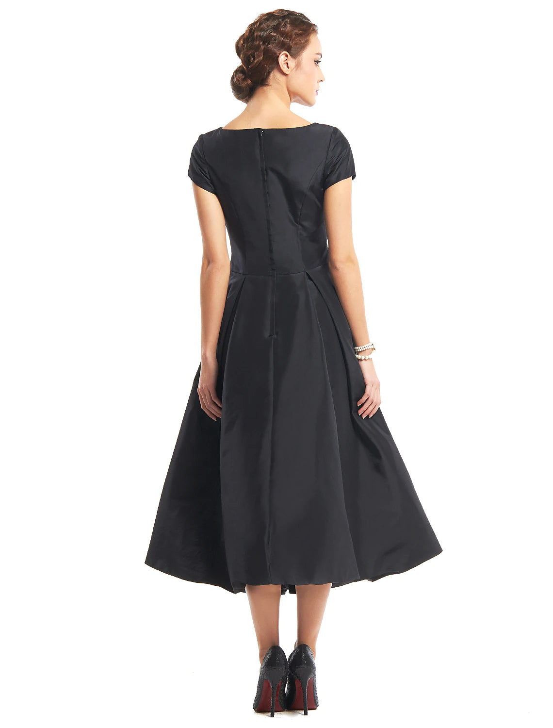 Back view of Weitese A-Line black dress showing buttons.