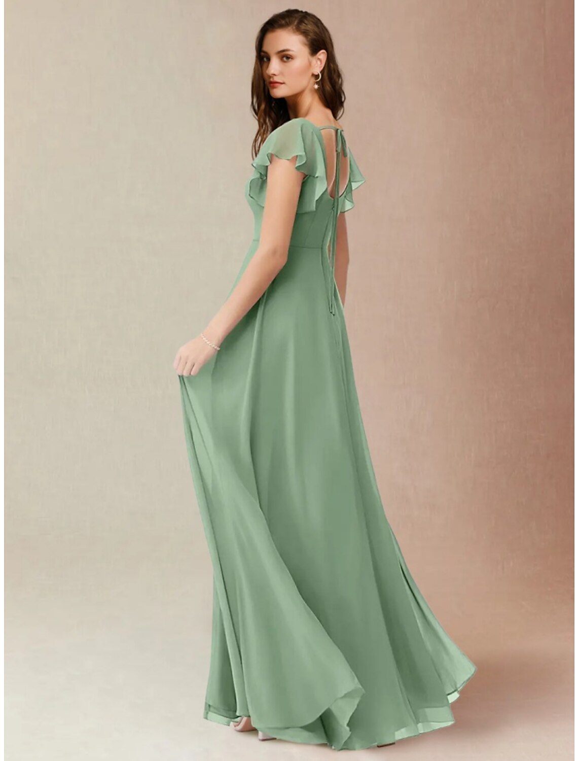 Back and side view of Weitese A-Line chiffon bridesmaid dress, showing ruching and floor-length skirt.