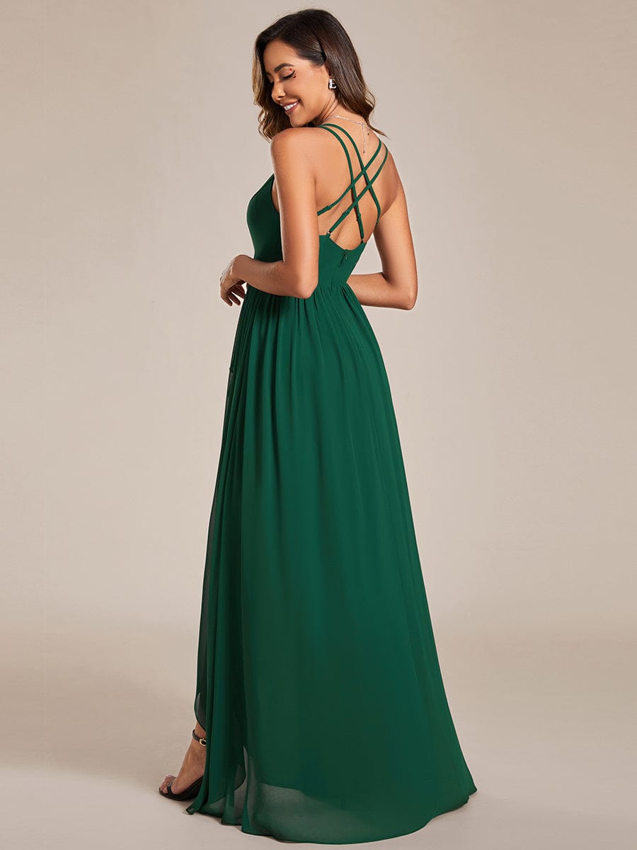 Back view of the dark green A-line chiffon bridesmaid dress.