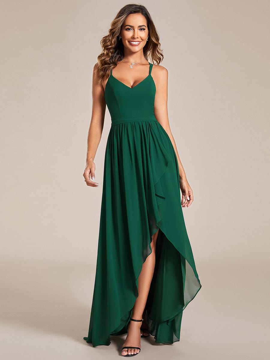 Side view of the dark green A-line chiffon bridesmaid dress.