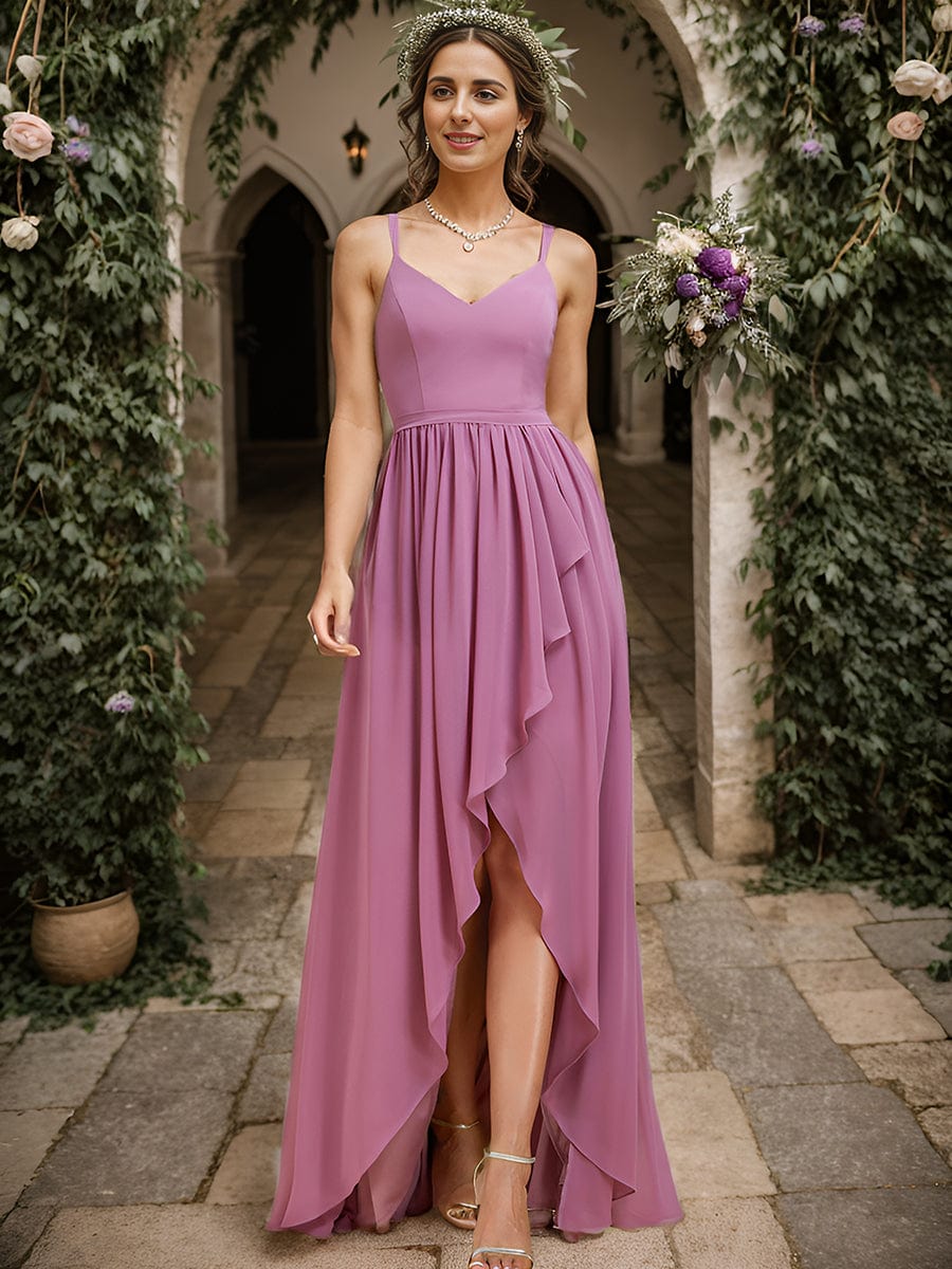 A-line chiffon bridesmaid dress in olive green with spaghetti straps.