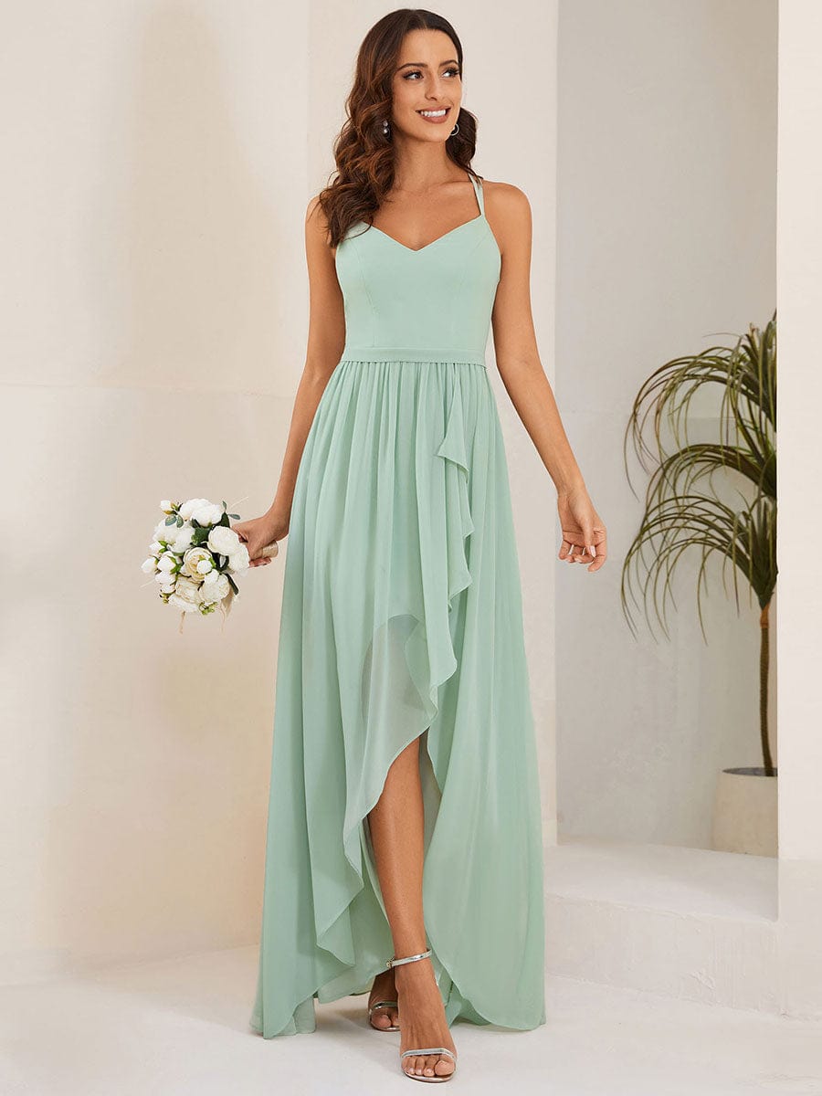 Mint green A-line chiffon dress featuring a ruffled front slit.