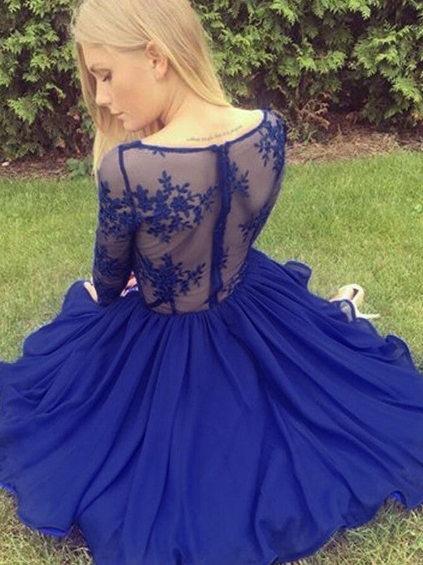 Model showcasing a sophisticated A-line chiffon mini dress featuring a V-neck, long sleeves, and intricate appliques.