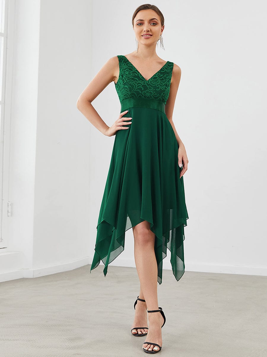 Weitese Deep V-Neck lace chiffon bridesmaid dress in dark green.
