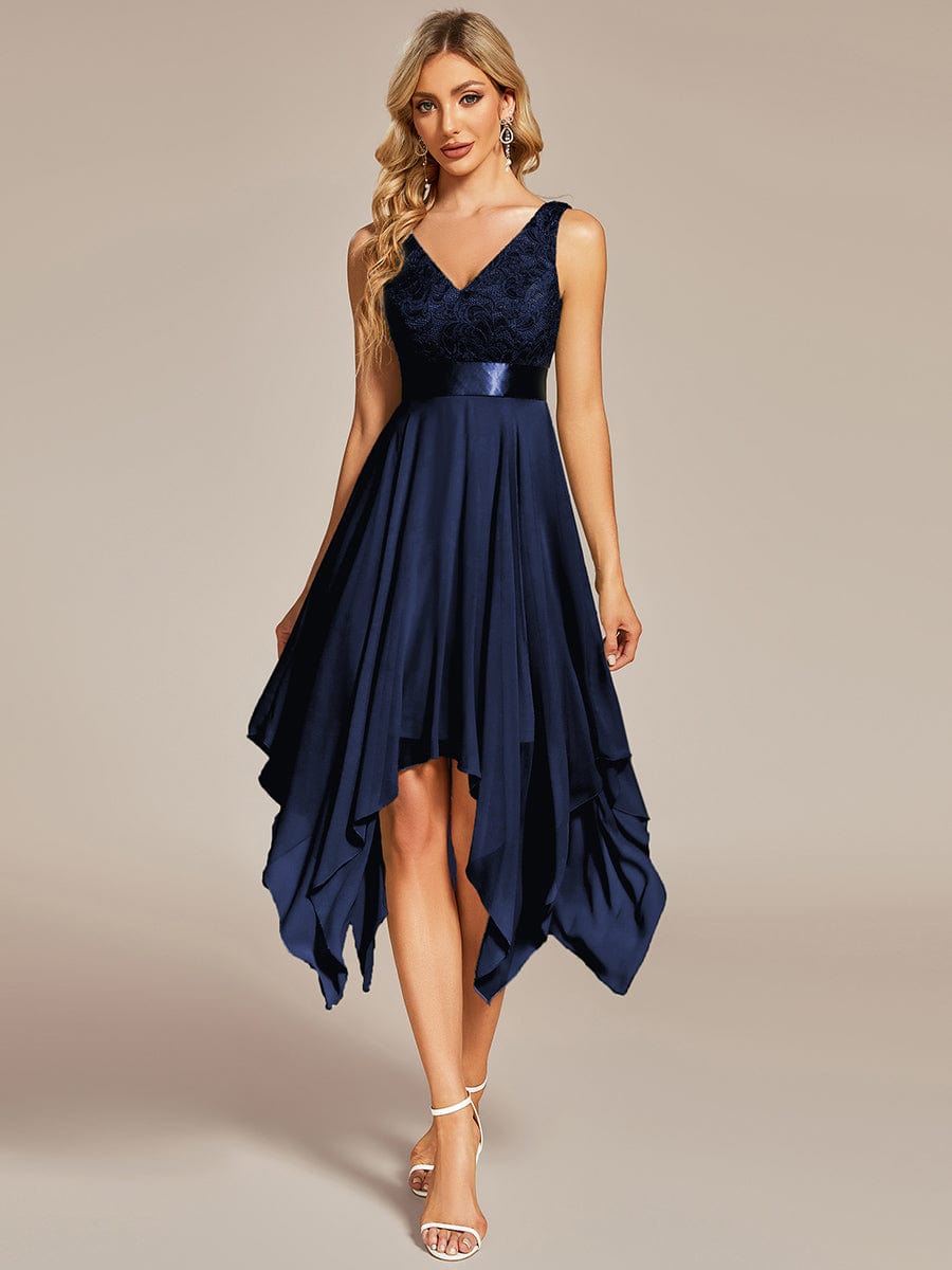 Weitese Deep V-Neck lace chiffon bridesmaid dress in navy blue.