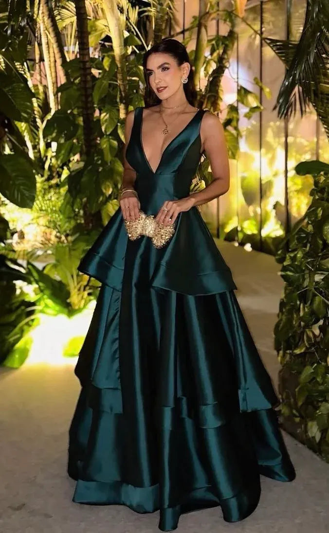 Elegant A-Line Deep V-Neck Tiered Satin Floor-Length Evening Gown