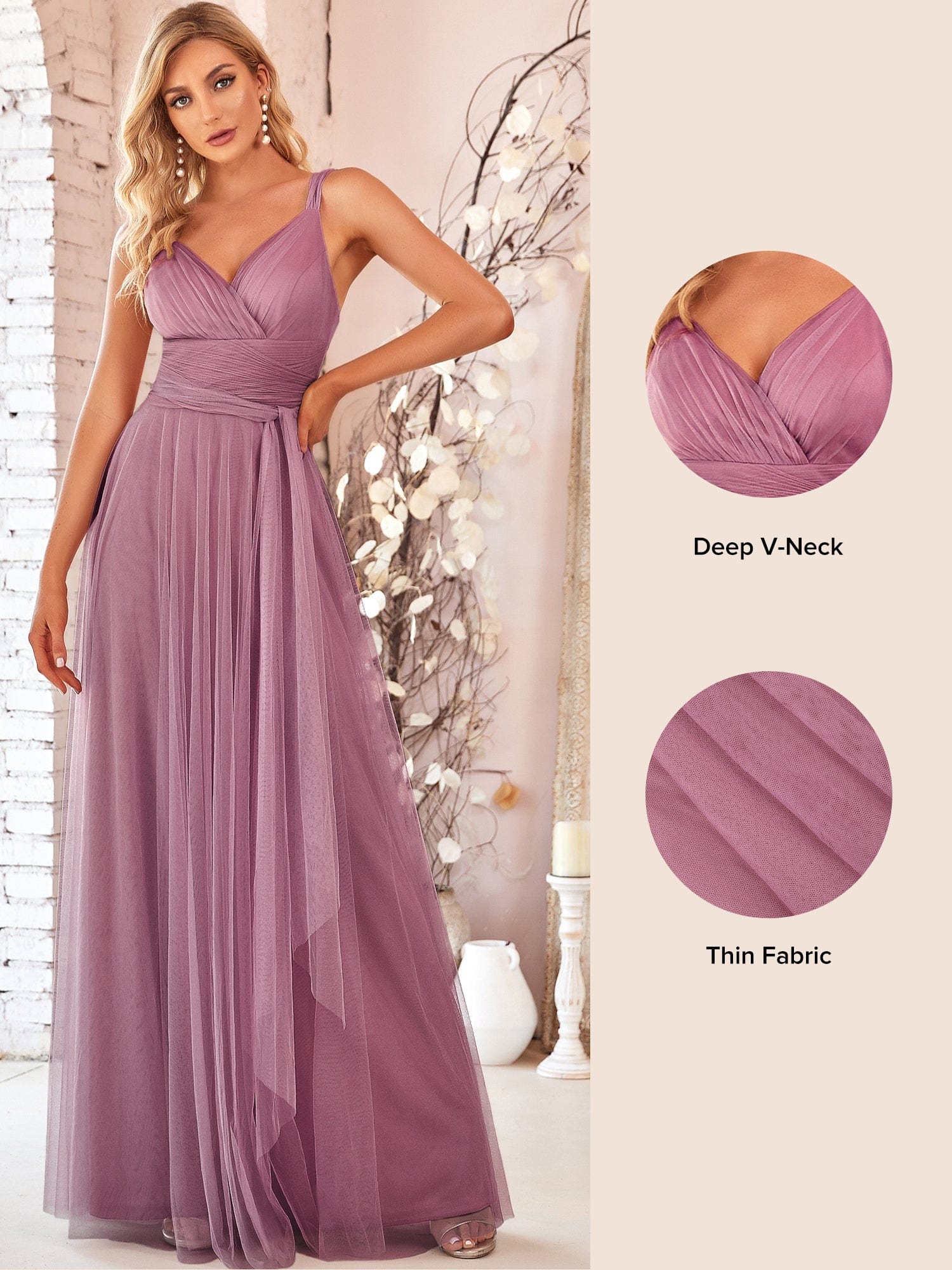 Front view of a model in a lavender floor-length tulle bridesmaid dress.