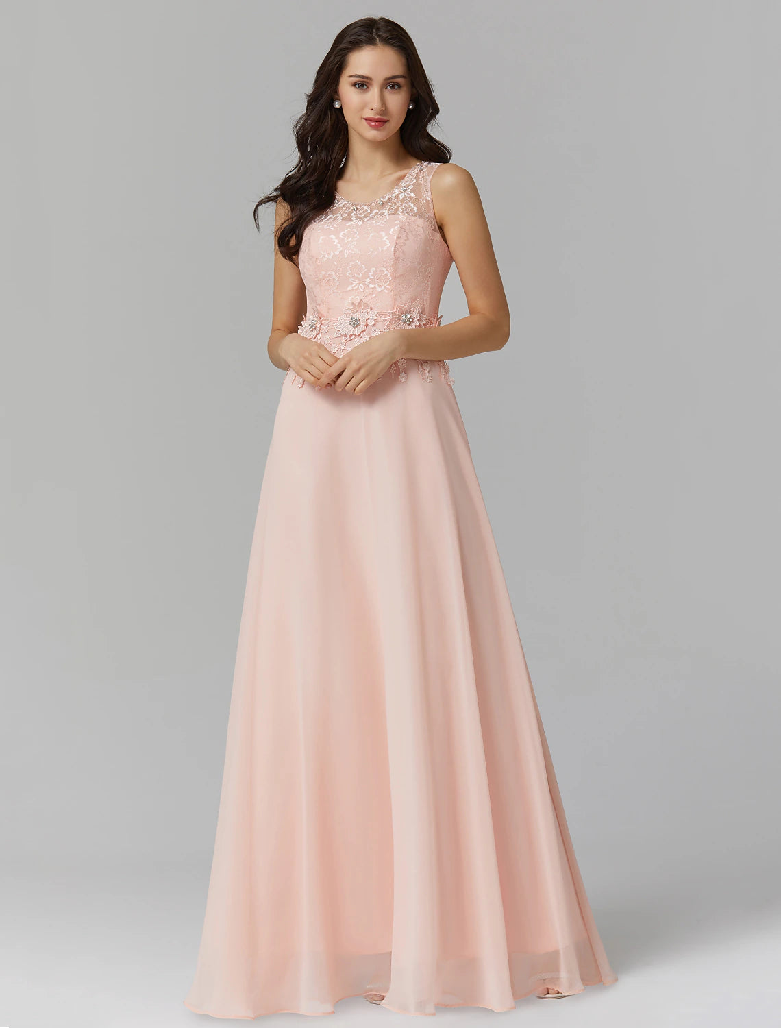 Weitese A-Line Empire dress with illusion neck and beading, front view.